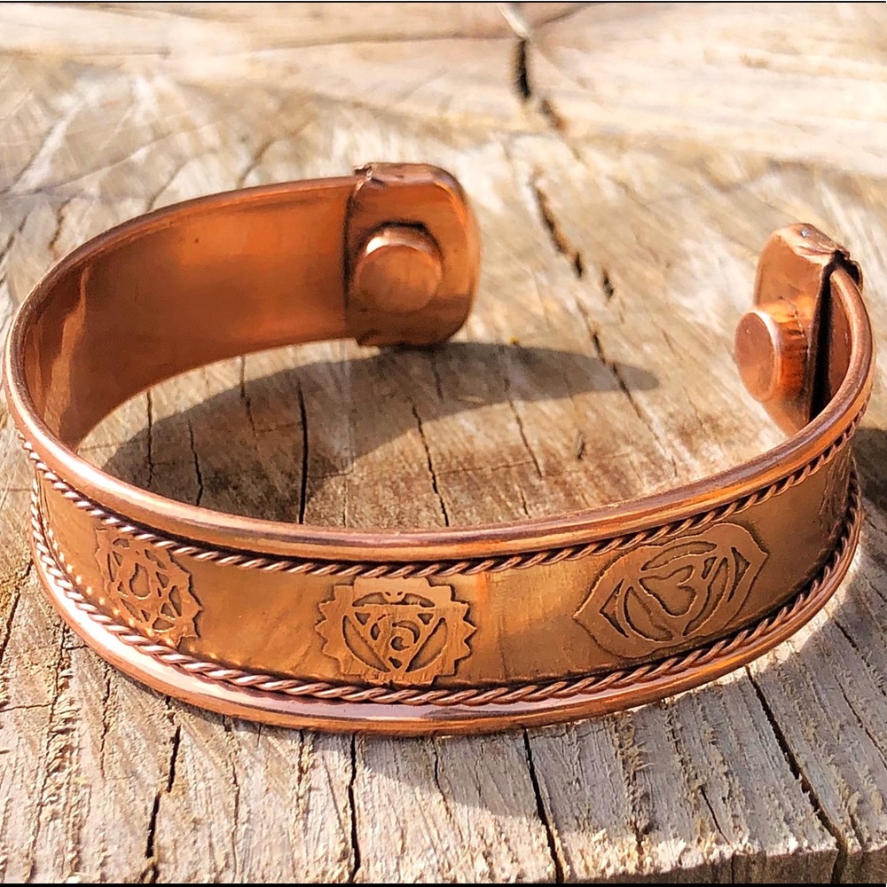 Magnetic Copper Chakra Bracelet, Hand Carved in India, 7 Chakra Symbols, 7.5"